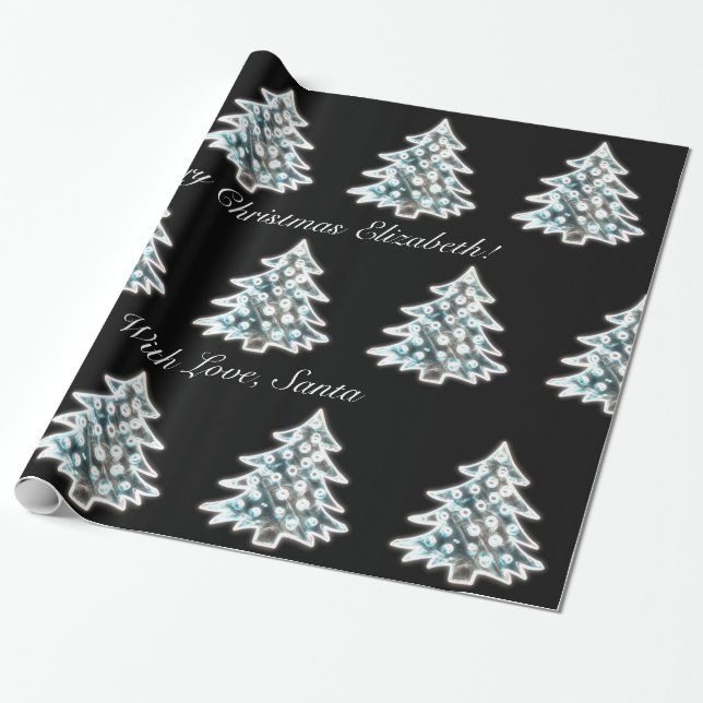 Papel De Regalo Patrón de árbol de navidad brillante negro y blanc (Desenrollado)