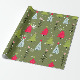 Papel De Regalo Patrón de árbol de Navidad caprichoso en verde oli
