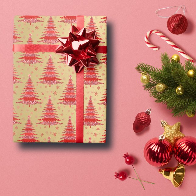 Papel De Regalo Patrón de árbol de navidad de oro rojo de lujo (Subido por el creador)