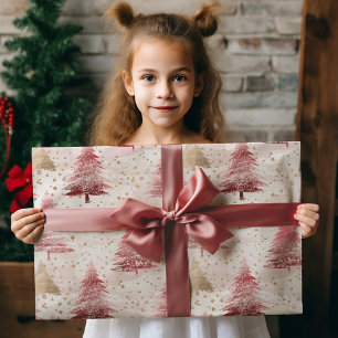 Papel De Regalo Patrón de árbol de Navidad de pincel blanco y dora