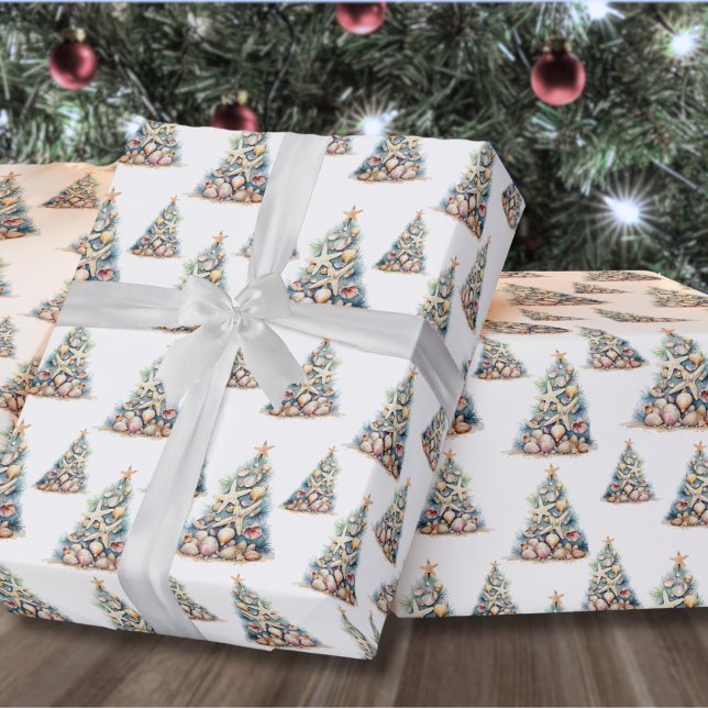 Papel De Regalo Patrón de árbol de navidad de playa (Beach Starfish Christmas Tree Pattern Wrapping Paper)