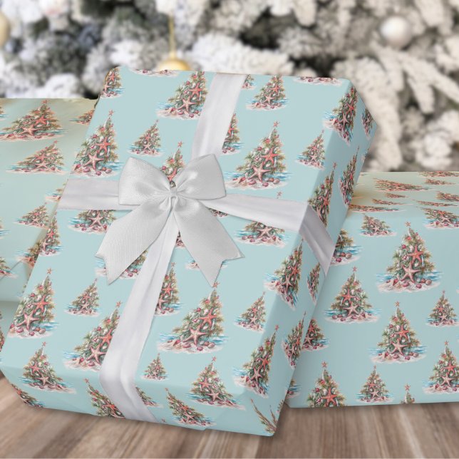 Papel De Regalo Patrón de árbol de Navidad de playa (Beach Christmas Tree Shell Pattern Wrapping Paper)