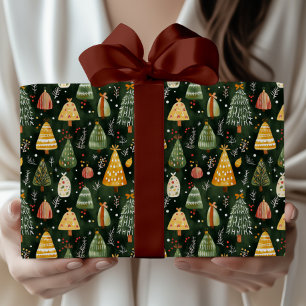 Papel De Regalo Patrón de árbol de Navidad del bosque caprichoso