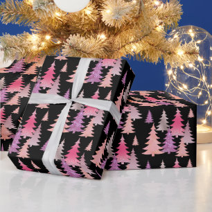 Papel De Regalo Patrón de árbol de Navidad negro rosa brillo