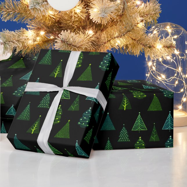 Papel De Regalo Patrón de árbol de Navidad negro y verde (Vacaciones)