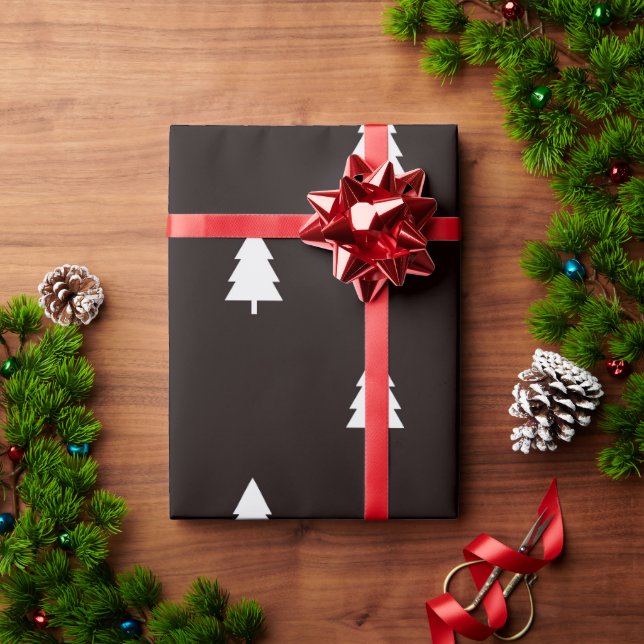 Papel De Regalo Patrón de árbol de Navidad nórdico blanco negro mo (Regalo de vacaciones)