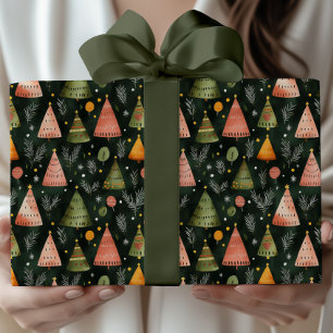 Papel De Regalo Patrón de árbol de Navidad nórdico verde bosque pr