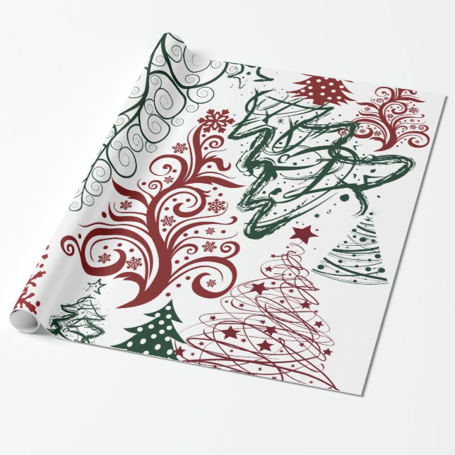Papel De Regalo Patrón de árbol de navidad verde rojo (Desenrollado)