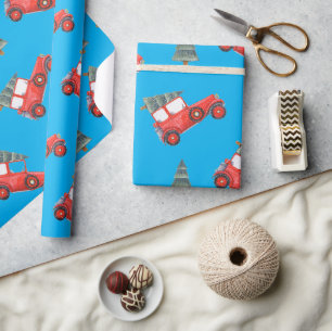 Papel De Regalo Patrón de árbol de Navidad y auto retro rojo festi