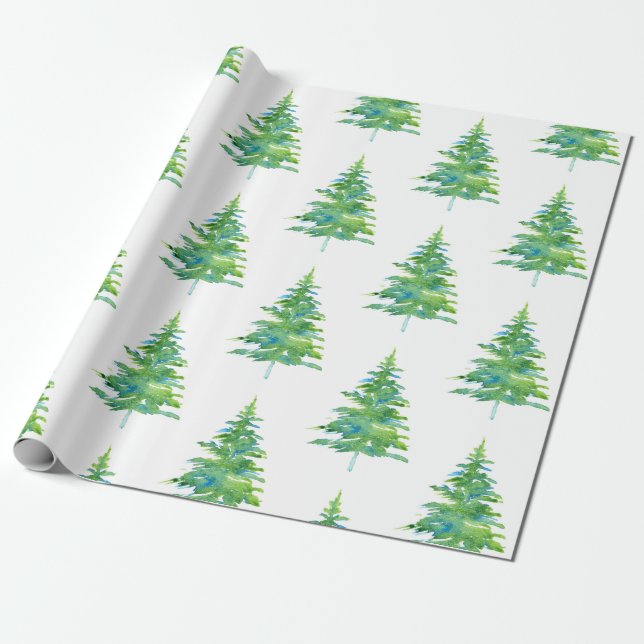 Papel De Regalo Patrón de árbol de pino azul verde (Desenrollado)