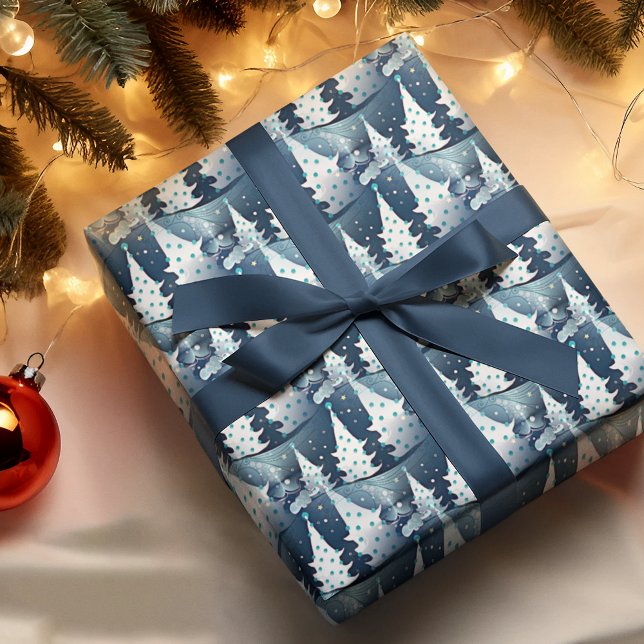 Papel De Regalo Patrón de árbol de pino oscuro divertido azul clar (Subido por el creador)