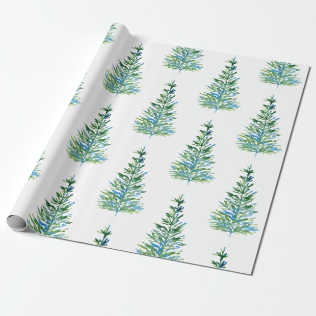 Papel De Regalo Patrón de árbol de pino verde azul (Desenrollado)
