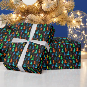 Papel De Regalo Patrón de árboles de navidad azul neón negro festi