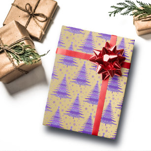 Papel De Regalo Patrón de árboles de Navidad púrpura de oro metáli