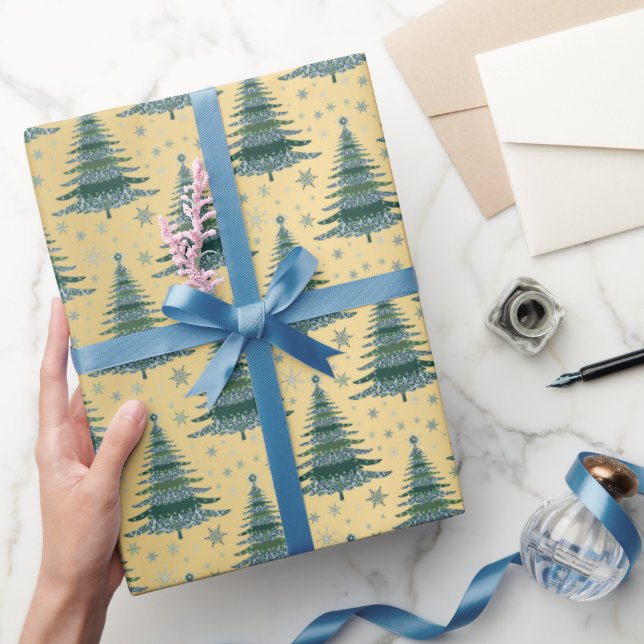 Papel De Regalo Patrón de árboles de Navidad verde oro metálico (Regalar)