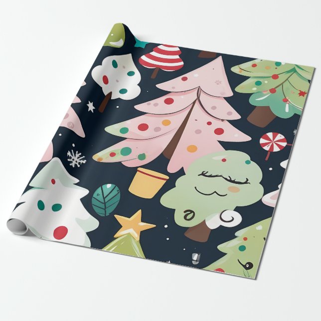 Papel De Regalo Patrón de árboles navideños festivos (Desenrollado)