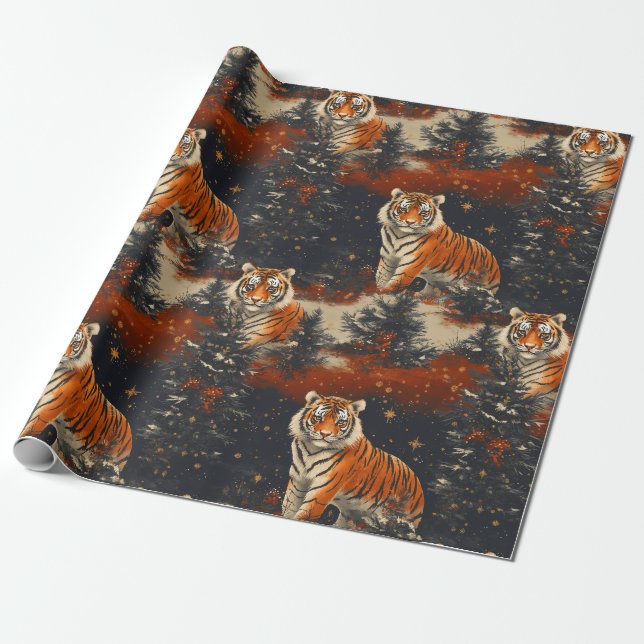 Papel De Regalo Patrón de árboles y tigres de Navidad (Desenrollado)