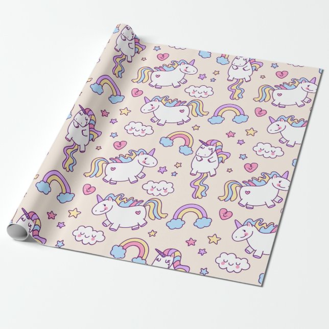 Papel De Regalo Patrón de arco iris de Kawaii chubby que vuela en  (Desenrollado)