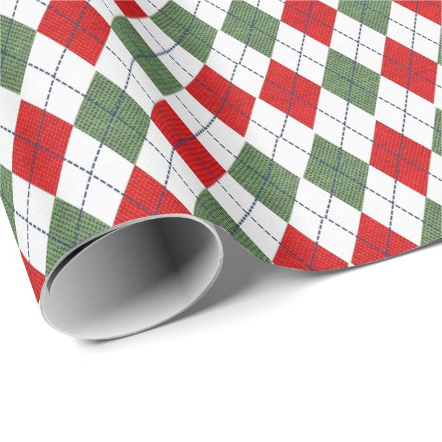 Papel De Regalo Patrón de Argyle Verde y Rojo (Esquina del rollo)