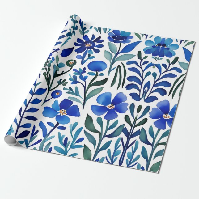 Papel De Regalo Patrón de arte acuarela de las flores azules (Desenrollado)