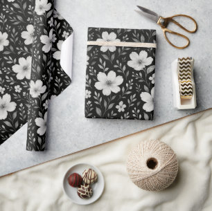 Papel De Regalo Patrón De Arte Floral De Hojas Clásicas En Negro G