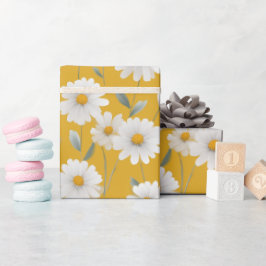 Papel De Regalo Patrón de arte floral de margaritas blancas y amar