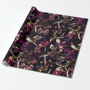 Papel De Regalo Patrón de aves y flores antiguas en morado