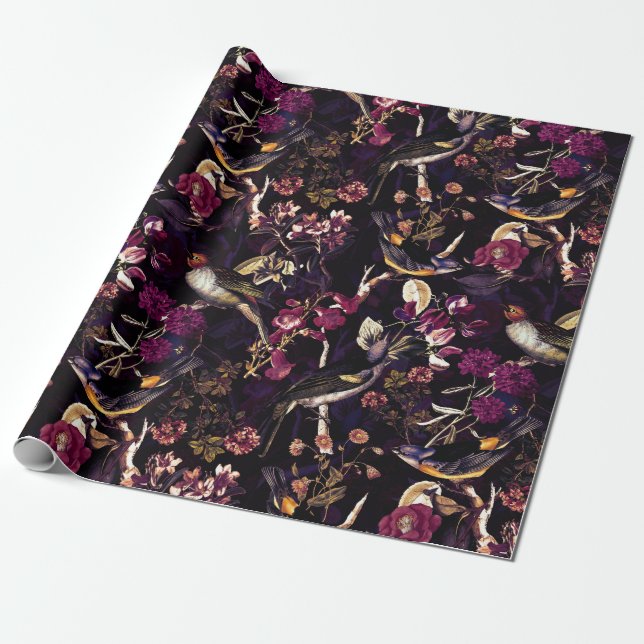 Papel De Regalo Patrón de aves y flores antiguas en morado (Desenrollado)