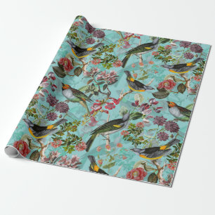 Papel De Regalo Patrón de aves y flores antiguas en verde azulado