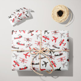 Papel De Regalo Patrón de avión militar retro rojo y negro para la