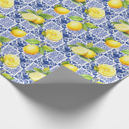 Papel De Regalo Patrón de Baldosa de Limón Azul Blanco Mediterráne