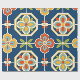 Papel De Regalo Patrón de Baldosa Floral Retro Azul Marino Naranja