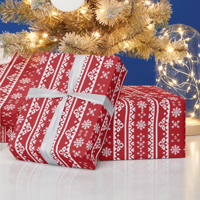 Papel De Regalo Patrón de baldosas de copo de nieve blanco rojo na (Vacaciones)