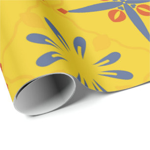 Papel De Regalo Patrón de baldosas florales azul y amarillo con si