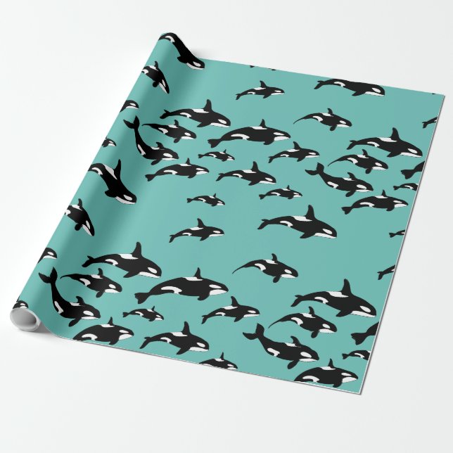 Papel De Regalo Patrón de ballena asesina orca en azul (Desenrollado)
