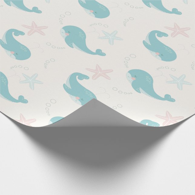 Papel De Regalo Patrón de ballena y pez estrella Crema blanca (Esquina)