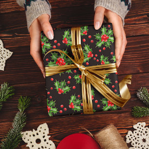 Papel De Regalo Patrón de Berries rojas del Holly verde de vacacio