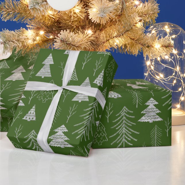 Papel De Regalo Patrón de bosque de árboles de Navidad verde y pla (Vacaciones)
