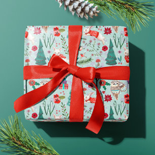 Papel De Regalo Patrón de bosque de invierno de Woodland Blue & Re