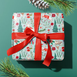 Papel De Regalo Patrón de bosque de invierno de Woodland Blue & Re