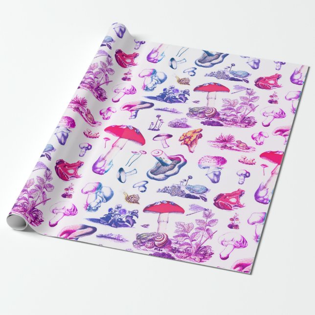 Papel De Regalo Patrón de bosque de rana de hongos rosados de Cute (Desenrollado)