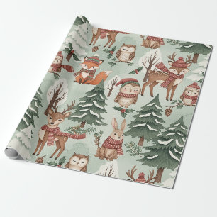 Papel De Regalo Patrón de bosque invernal con animales del bosque 