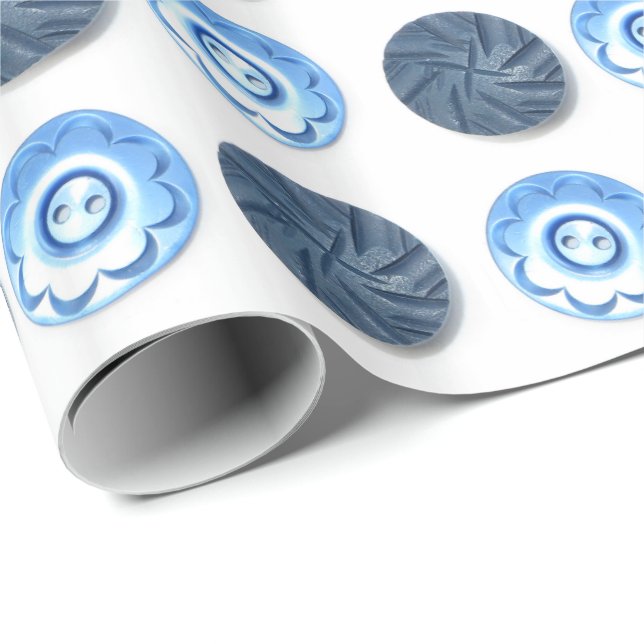 Papel De Regalo Patrón de botones azul brillante en blanco (Esquina del rollo)