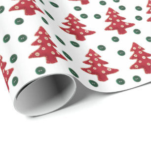 Papel De Regalo Patrón de Botones y Árboles de Navidad Rojos Cra