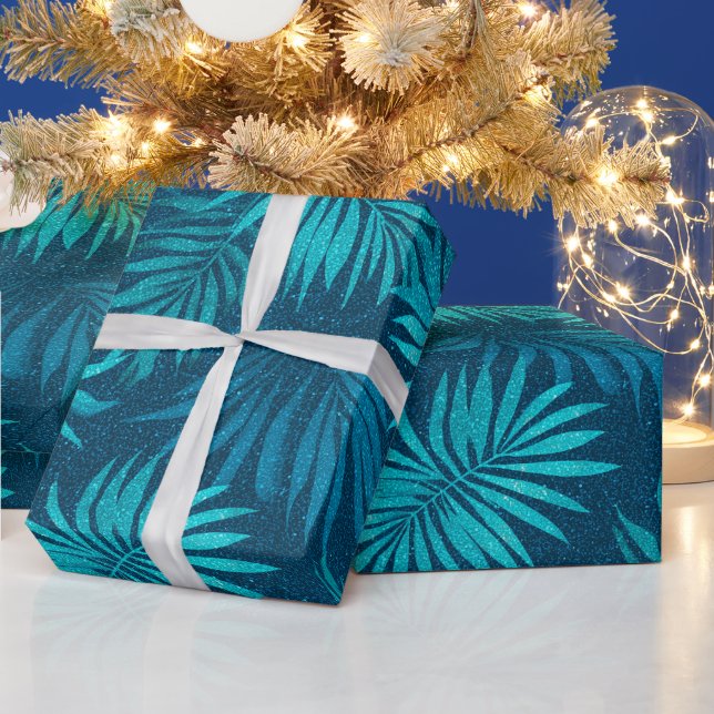 Papel De Regalo Patrón de brillo azul verde tropical (Vacaciones)