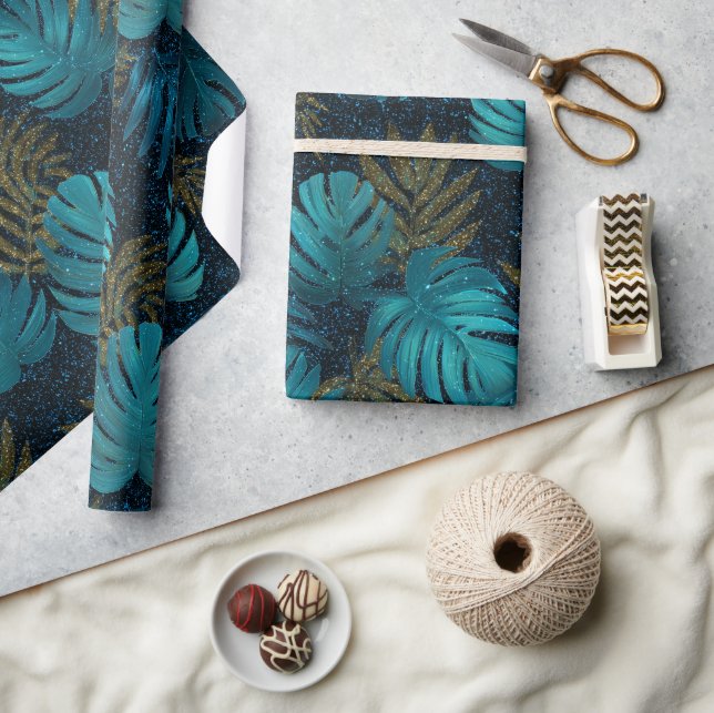 Papel De Regalo Patrón de brillo azul verde tropical (Artesanía)