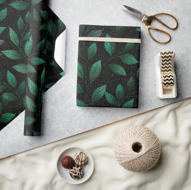 Papel De Regalo Patrón de brillo negro denso verde bosque profundo (Artesanía)