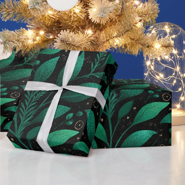 Papel De Regalo Patrón de brillo negro denso verde bosque profundo (Vacaciones)