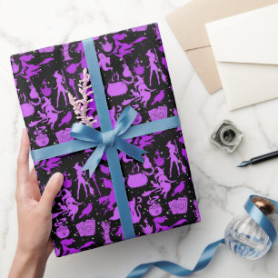 Papel De Regalo Patrón de brujas voladoras.Negro morado BG