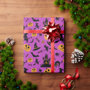 Papel De Regalo Patrón de brujas y calabazas Halloween morado